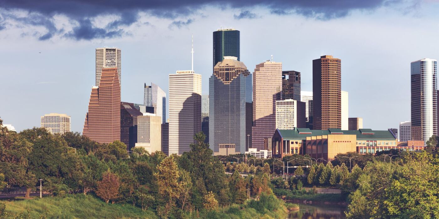 Downtown Houston skyline above Buffalo Bayou