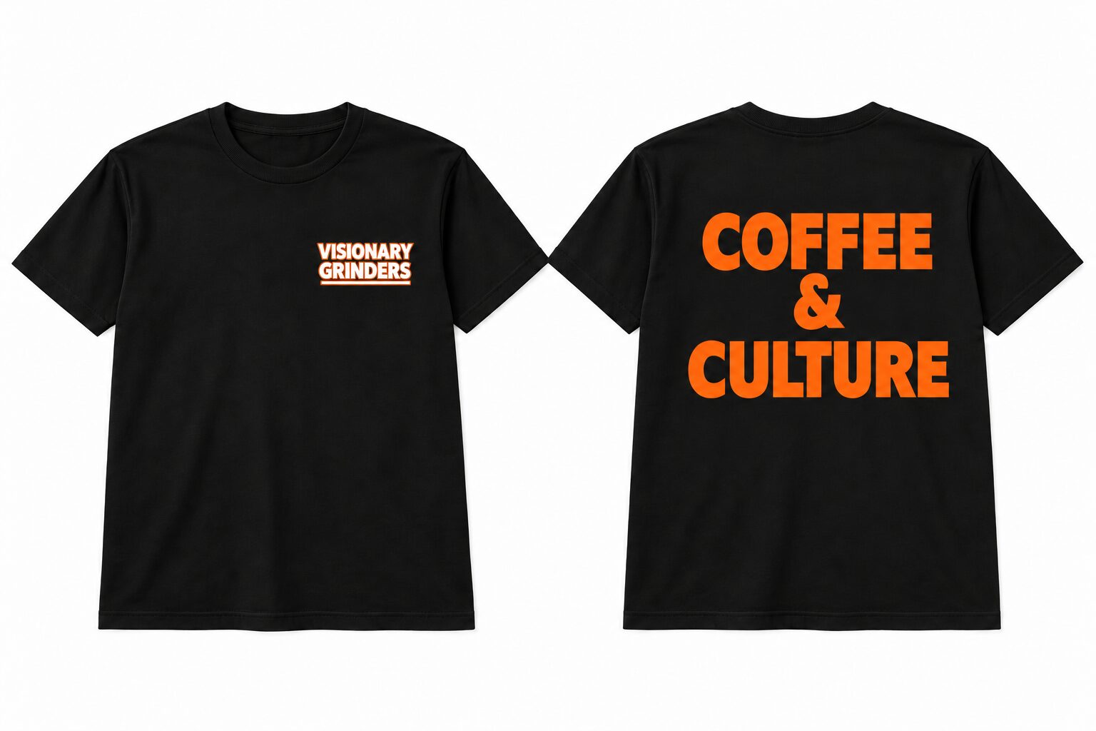 Visionary Grinders black t-shirt, front with small Visionary Grinders logo and back with large orange Coffee and Culture print